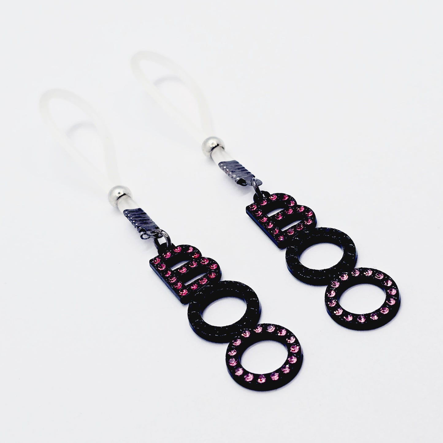 BOO Nipple Nooses for Halloween and Beyond. Pink and Black Pendants on Non-Piercing Nipple Nooses or Your Choice of Nipple Clamps.