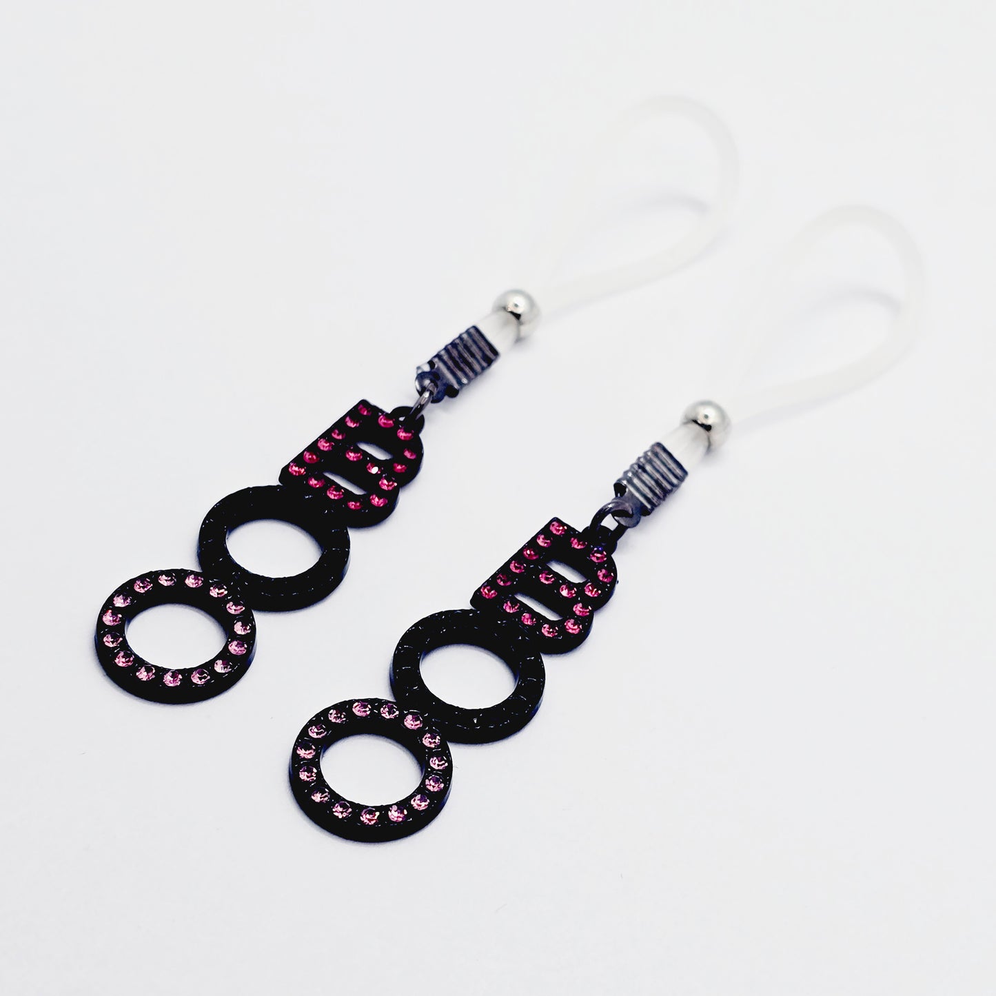 BOO Nipple Nooses for Halloween and Beyond. Pink and Black Pendants on Non-Piercing Nipple Nooses or Your Choice of Nipple Clamps.