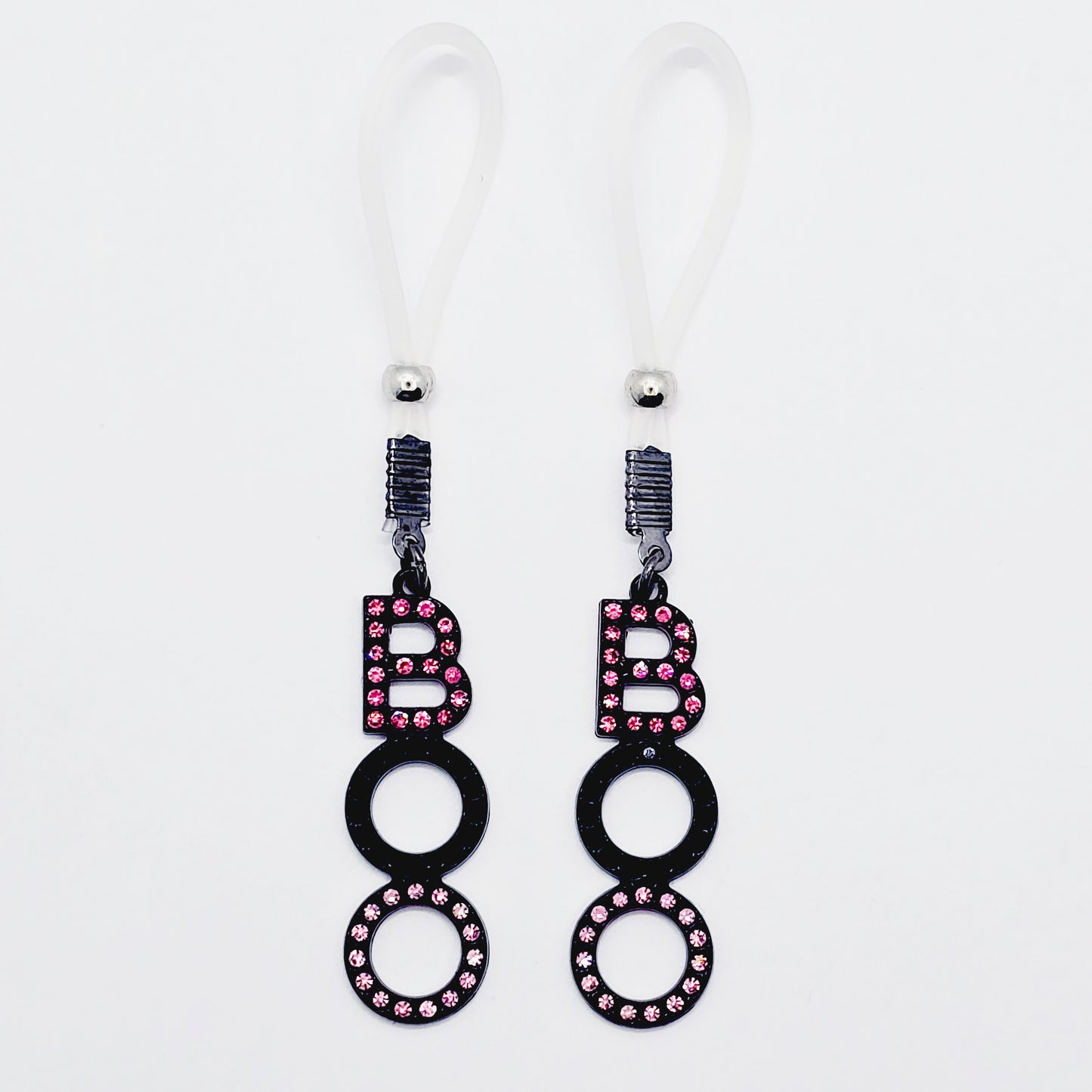 BOO Nipple Nooses for Halloween and Beyond. Pink and Black Pendants on Non-Piercing Nipple Nooses or Your Choice of Nipple Clamps.