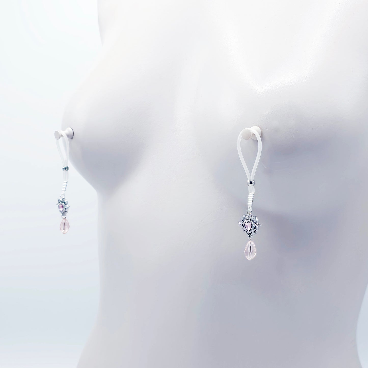 Pair of Fake Nipple Piercings with Pink Gem Heart | Nipple Nooses For Daily Wear |  Or Your Choice of Nipple Clamps | MATURE Nipple Jewelry