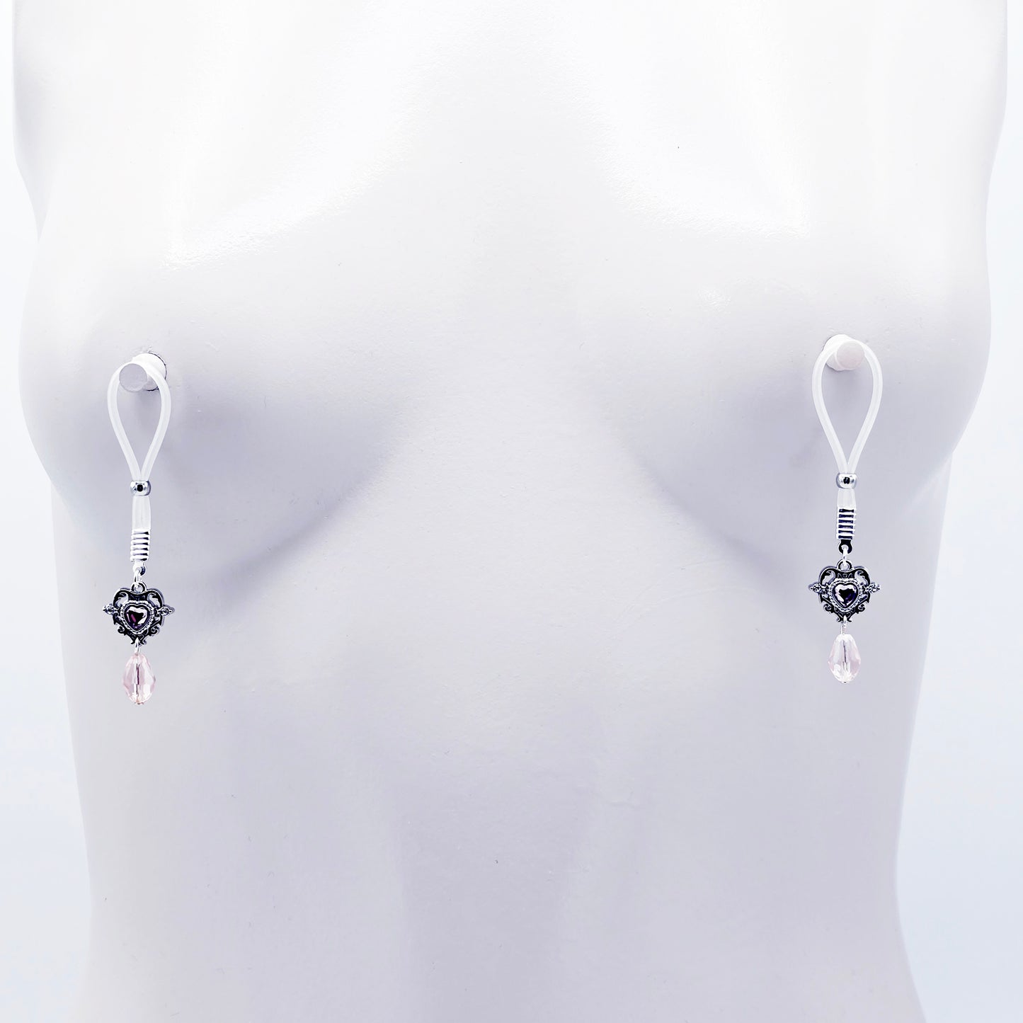 Pair of Fake Nipple Piercings with Pink Gem Heart | Nipple Nooses For Daily Wear |  Or Your Choice of Nipple Clamps | MATURE Nipple Jewelry