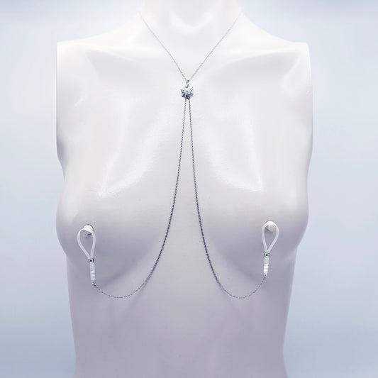 Snowflake Necklace to Nipple with Non-Piercing Nipple Nooses, Rings, or Clamps. Platinum, Stainless Steel, and CZ.