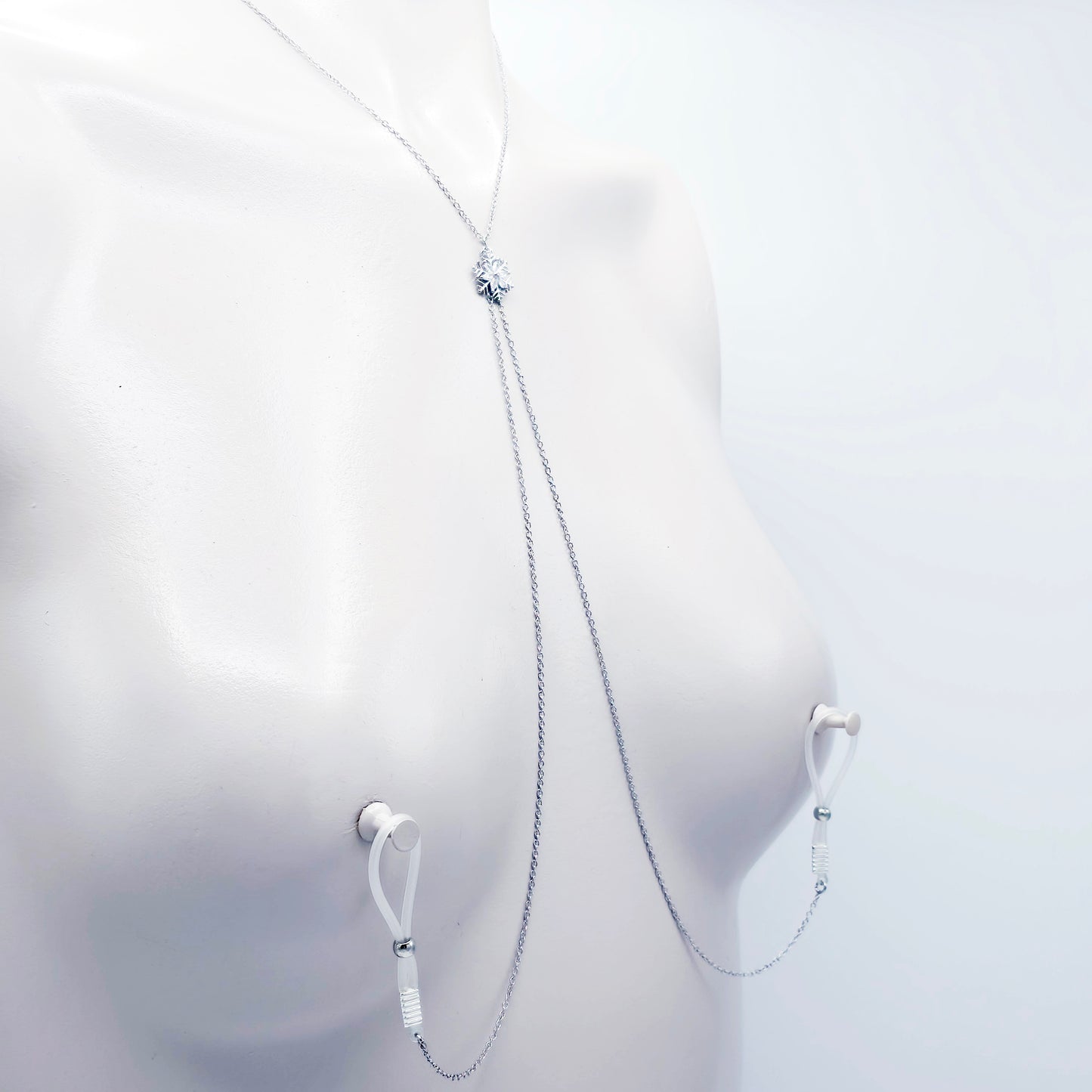 Snowflake Necklace to Nipple with Non-Piercing Nipple Nooses, Rings, or Clamps. Platinum, Stainless Steel, and CZ.