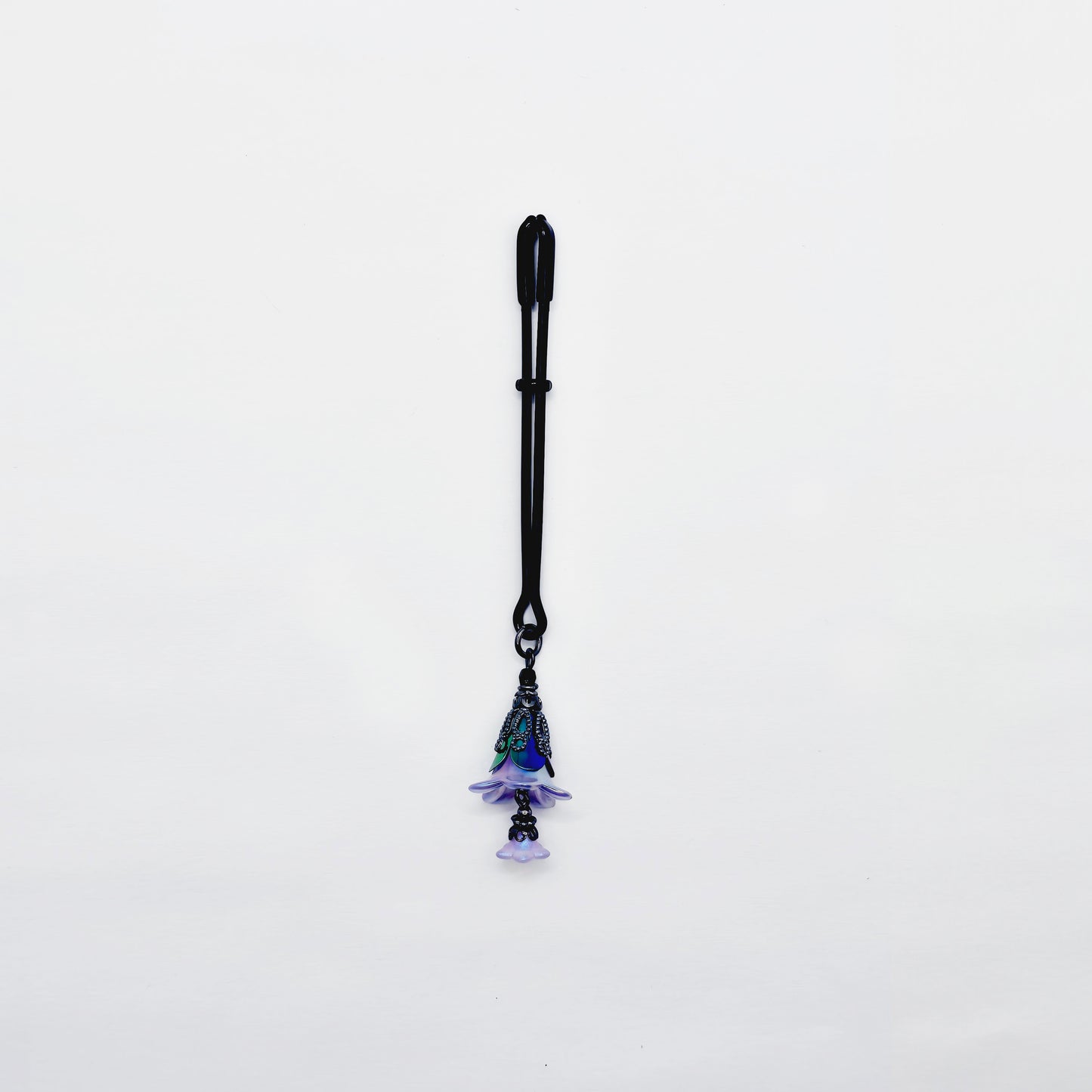 Floral Clitoral Clamp. Black Tweezer Clit Clamp with Purple Flower Dangle.