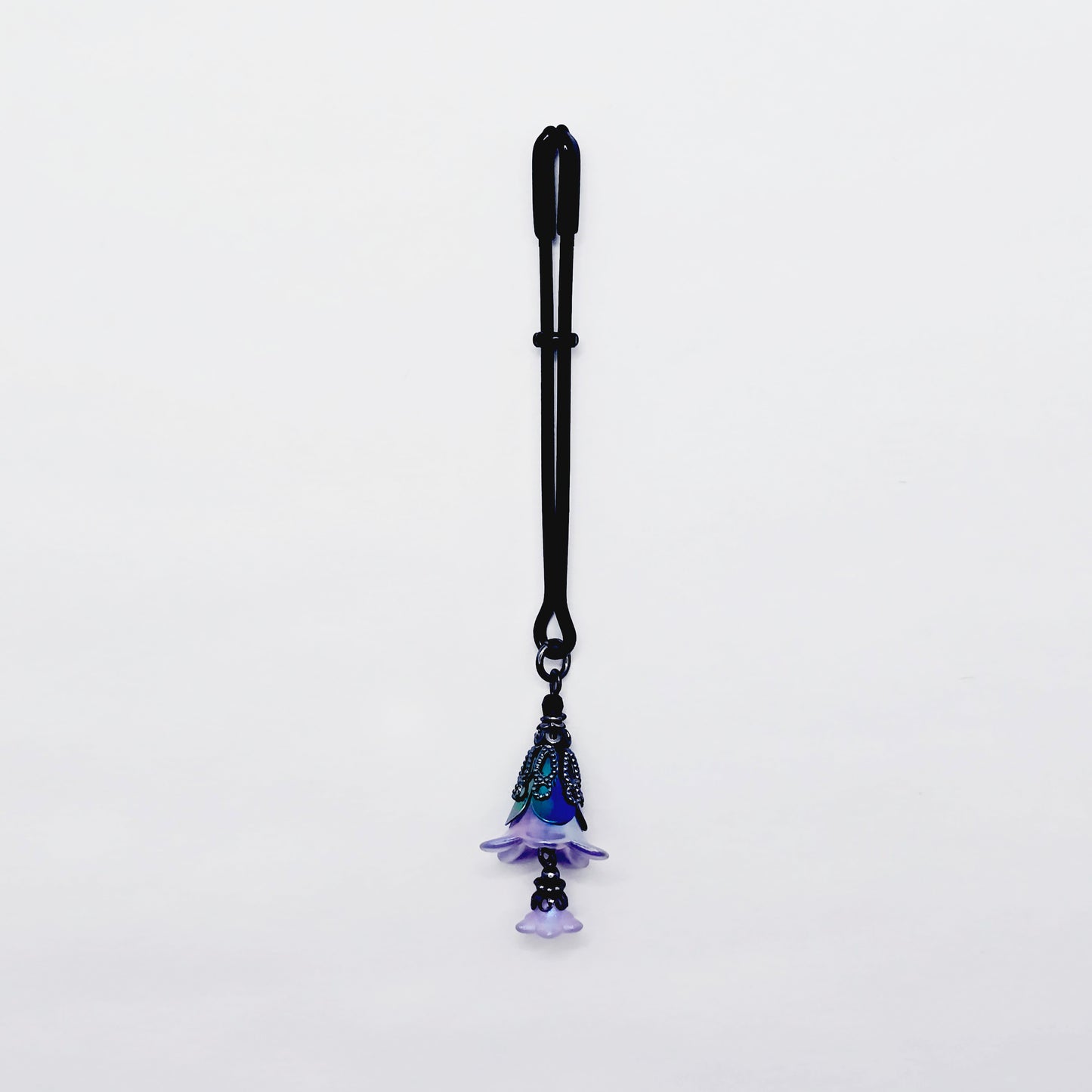 Floral Clitoral Clamp. Black Tweezer Clit Clamp with Purple Flower Dangle.