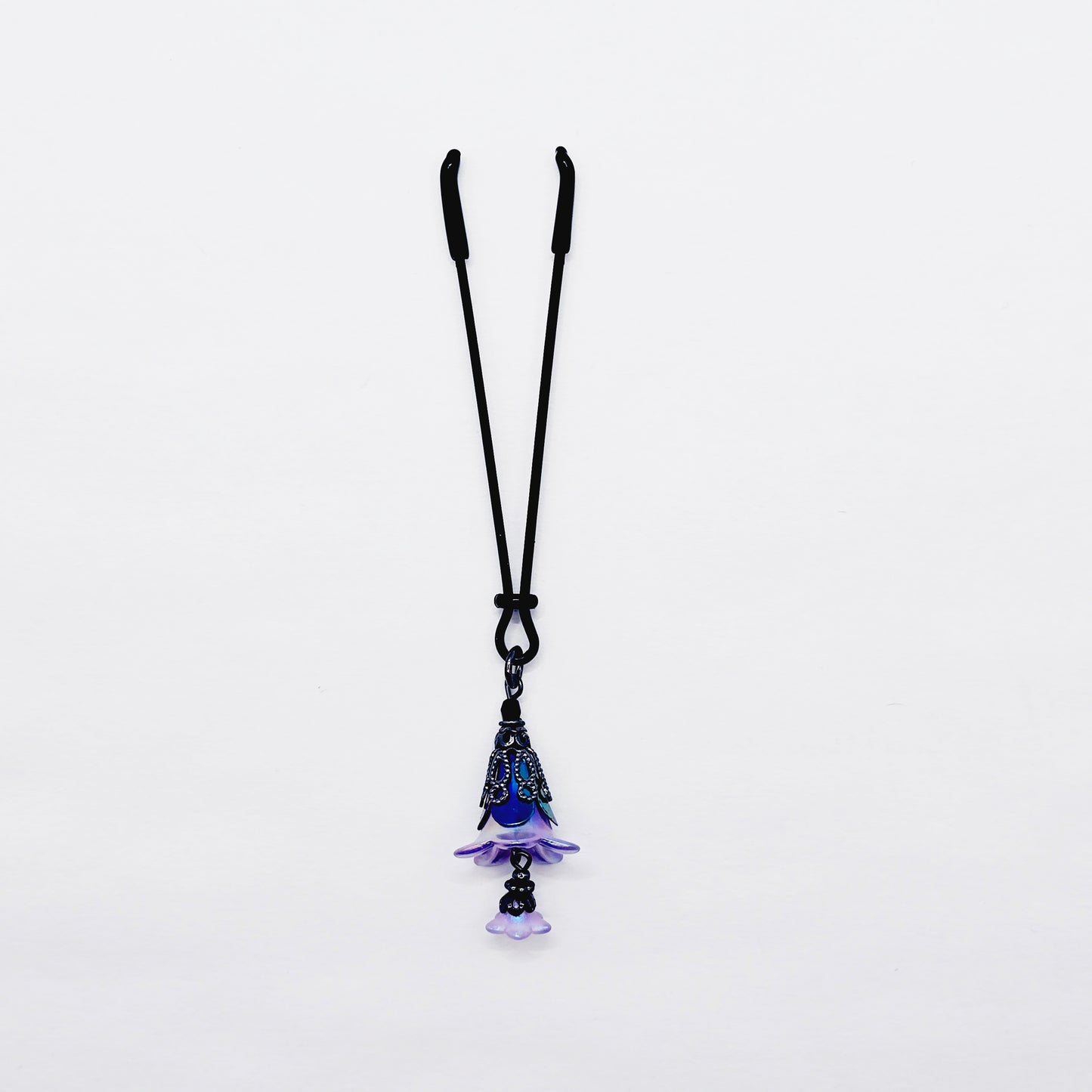 Floral Clitoral Clamp. Black Tweezer Clit Clamp with Purple Flower Dangle.