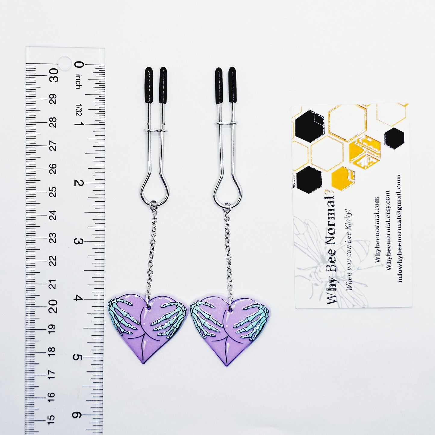 Nipple Clamps with Fun and Spooky Hearts. Straight Tweezer Clamps.