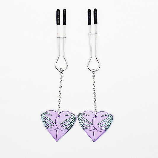 Nipple Clamps with Fun and Spooky Hearts. Straight Tweezer Clamps.