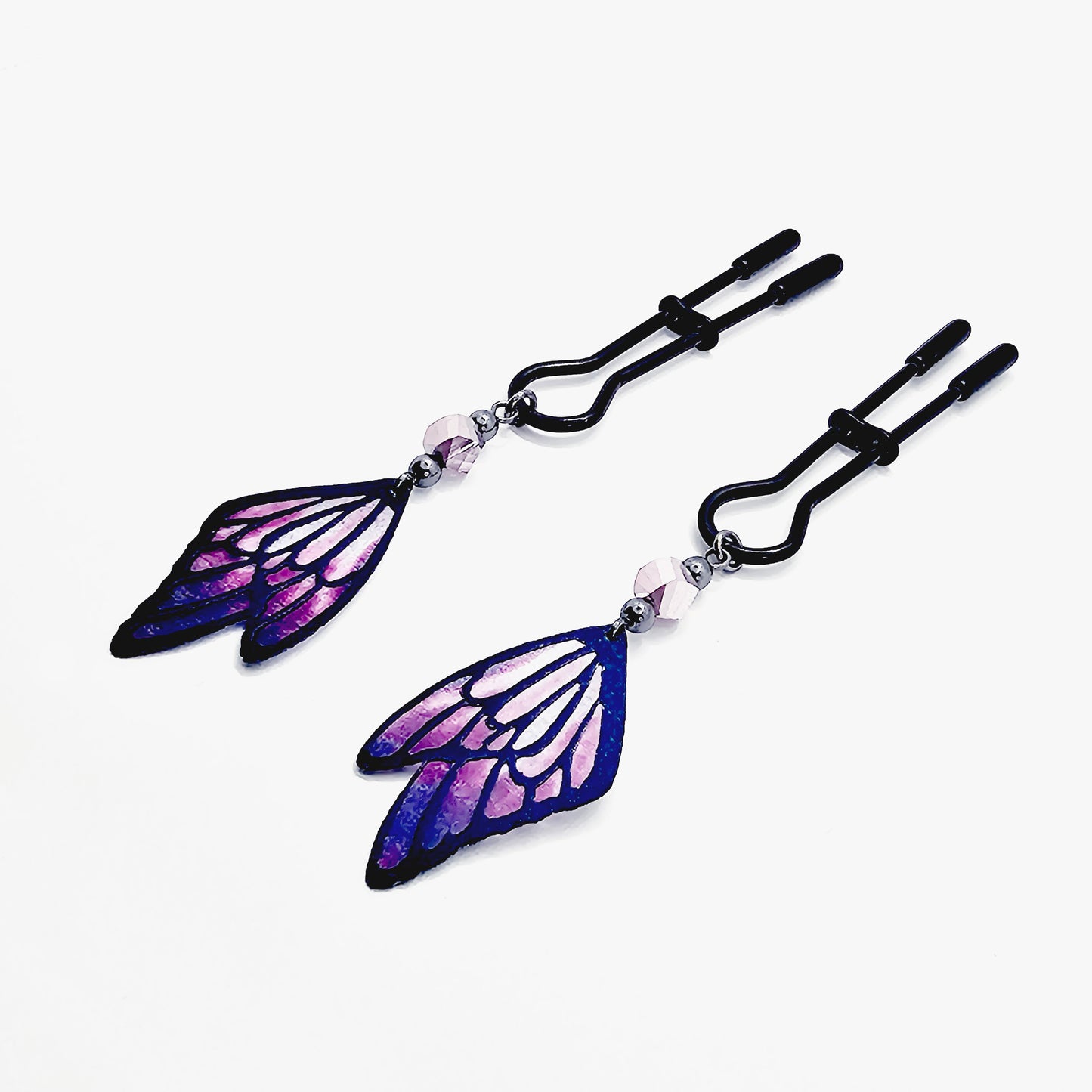 Black Nipple Clamps with Beads and Butterfly Wings. Straight Tweezer Clamps