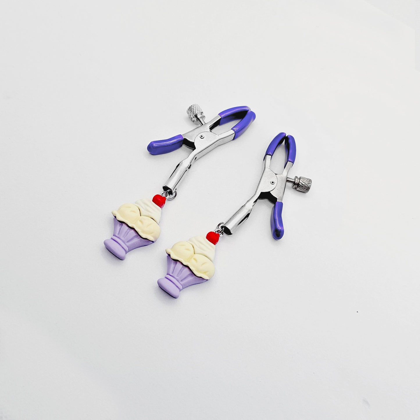 Purple Adjustable Nipple Clamps with Ice Cream Sundae for BDSM DDLG Summertime Fun!