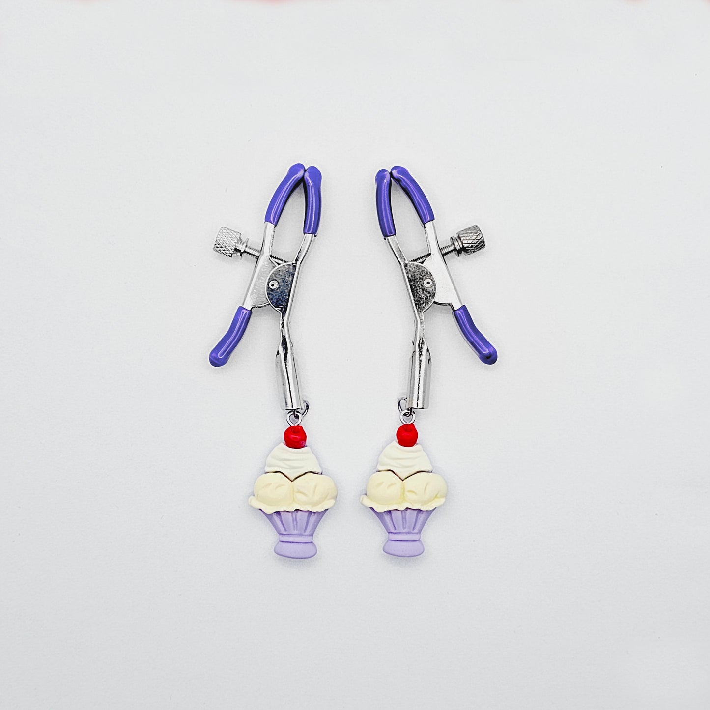 Purple Adjustable Nipple Clamps with Ice Cream Sundae for BDSM DDLG Summertime Fun!