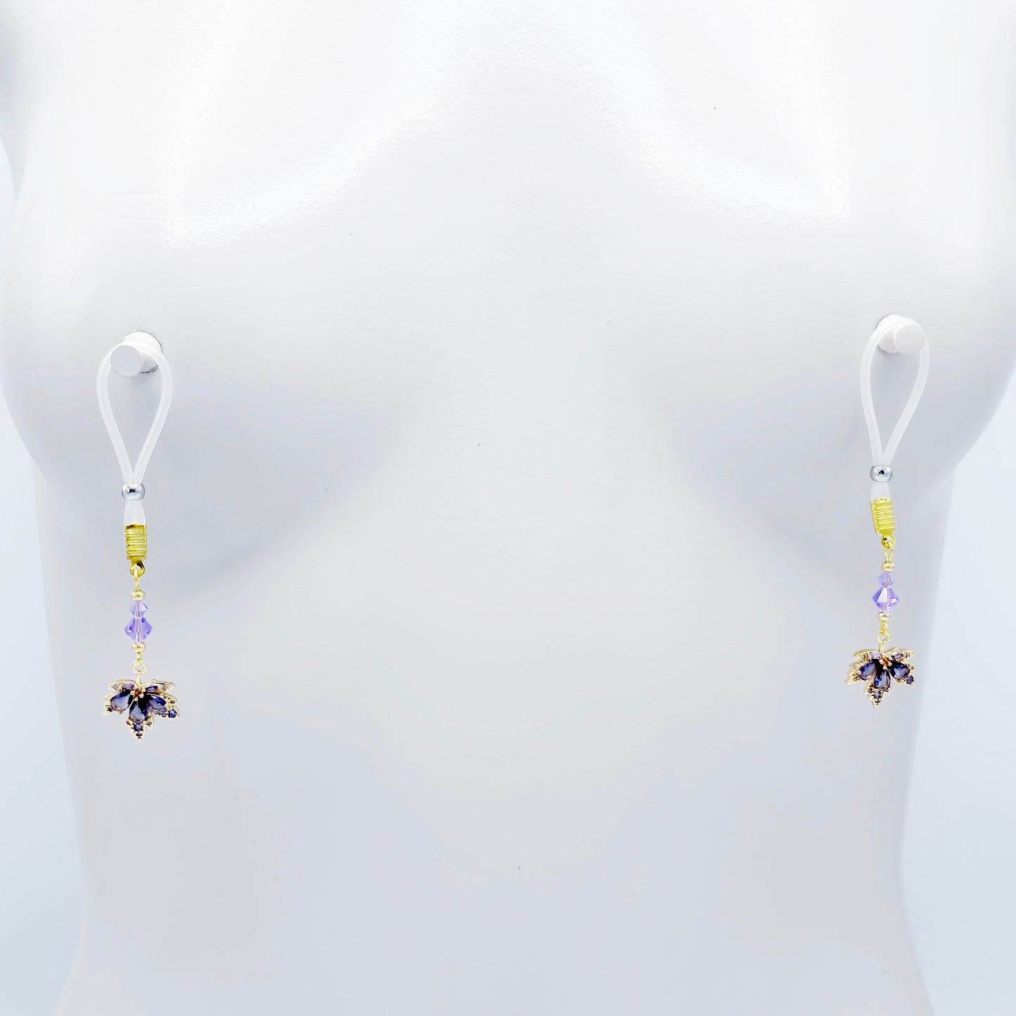 Elegant Non-Piercing Nipple Dangles with Leaves of Gold and Premium Purple Crystals. Choose Nooses or Clamps.