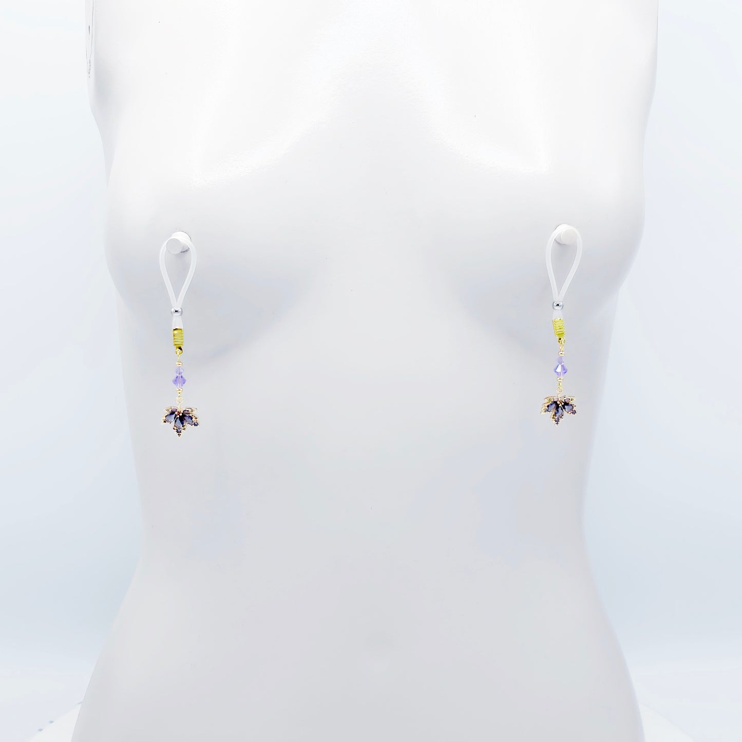 Elegant Non-Piercing Nipple Dangles with Leaves of Gold and Premium Purple Crystals. Choose Nooses or Clamps.