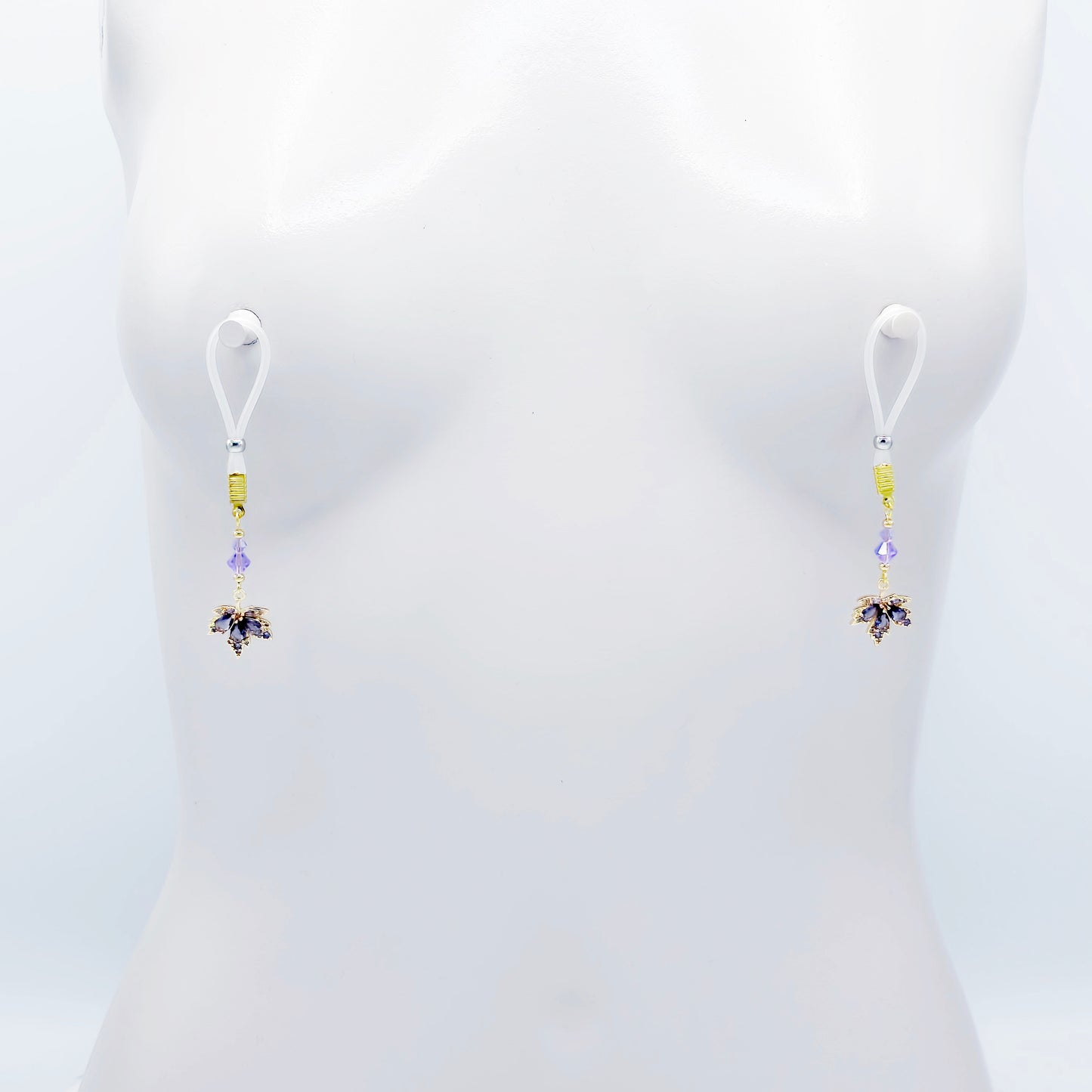 Elegant Non-Piercing Nipple Dangles with Leaves of Gold and Premium Purple Crystals. Choose Nooses or Clamps.