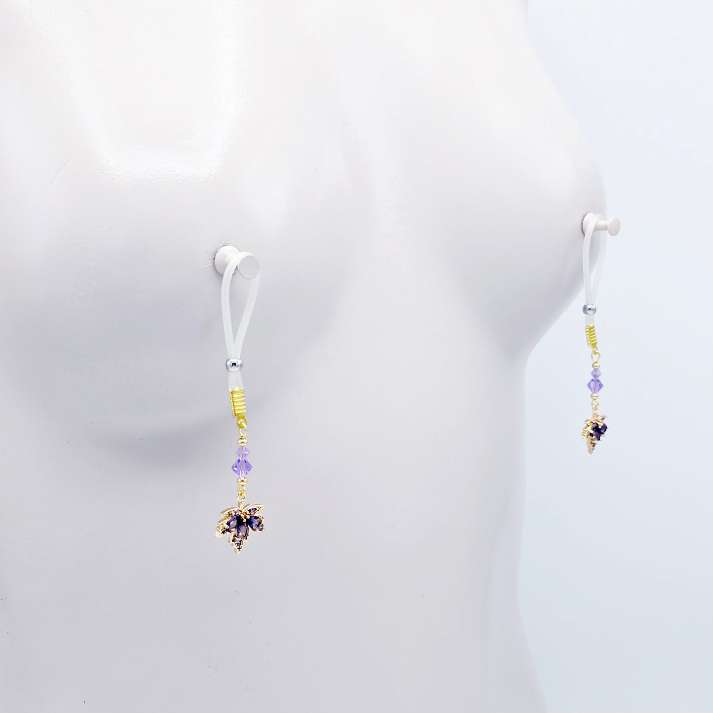 Elegant Non-Piercing Nipple Dangles with Leaves of Gold and Premium Purple Crystals. Choose Nooses or Clamps.