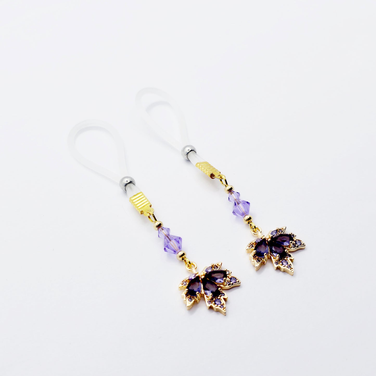 Elegant Non-Piercing Nipple Dangles with Leaves of Gold and Premium Purple Crystals. Choose Nooses or Clamps.