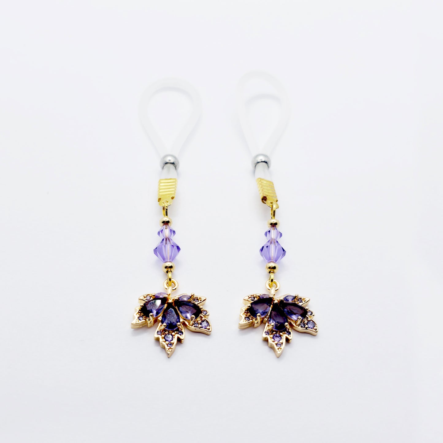 Elegant Non-Piercing Nipple Dangles with Leaves of Gold and Premium Purple Crystals. Choose Nooses or Clamps.