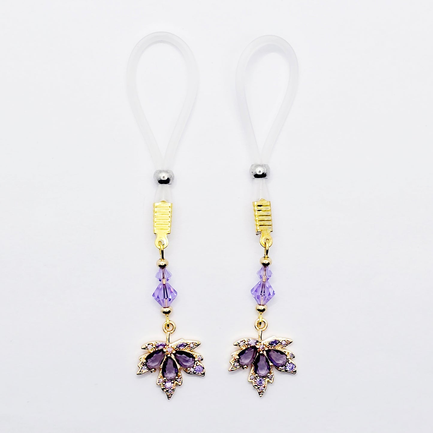 Elegant Non-Piercing Nipple Dangles with Leaves of Gold and Premium Purple Crystals. Choose Nooses or Clamps.