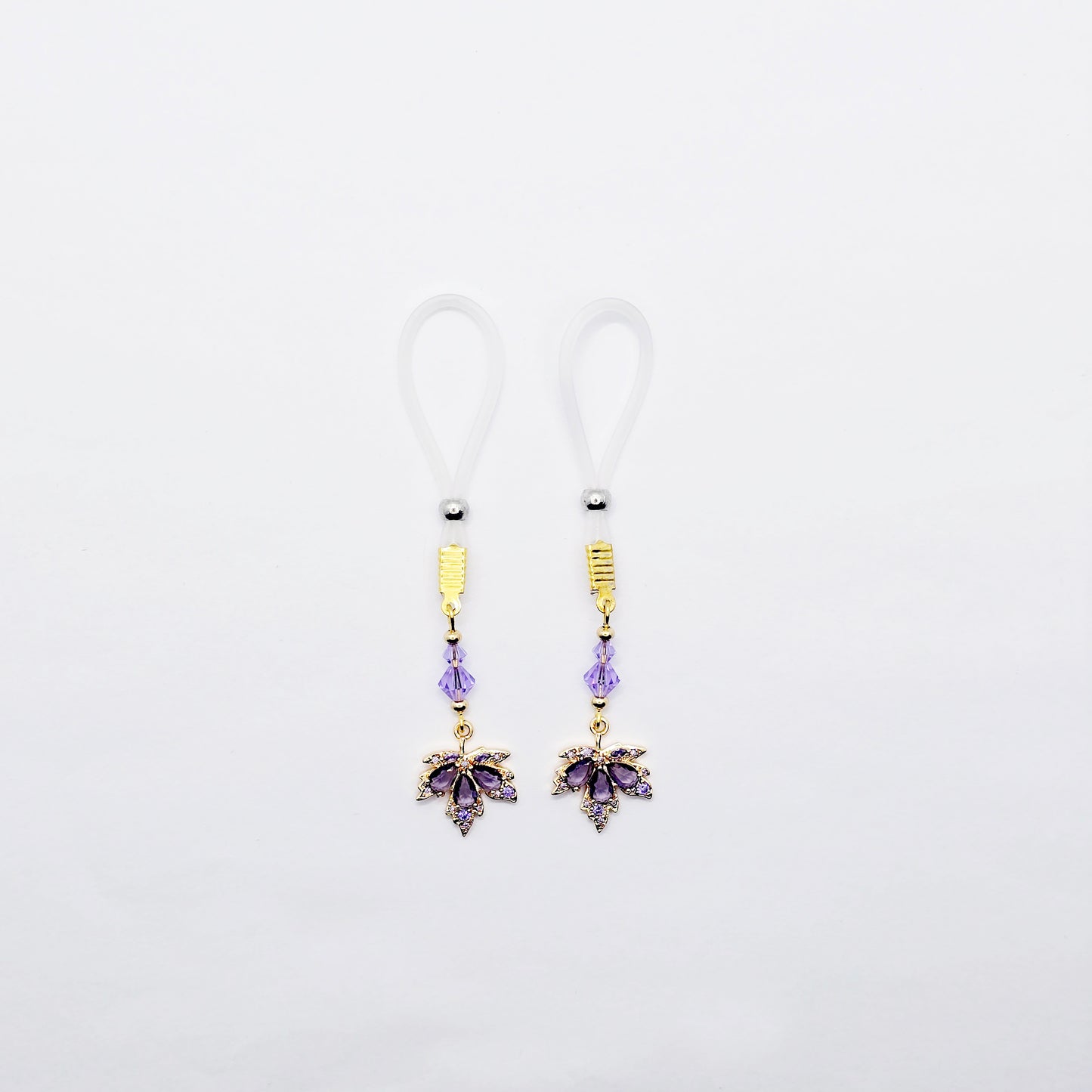 Elegant Non-Piercing Nipple Dangles with Leaves of Gold and Premium Purple Crystals. Choose Nooses or Clamps.