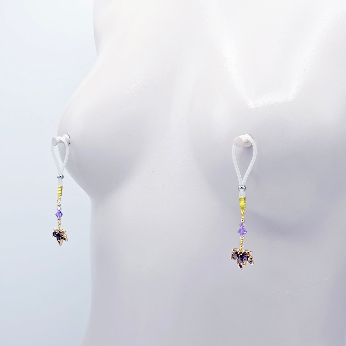 Elegant Non-Piercing Nipple Dangles with Leaves of Gold and Premium Purple Crystals. Choose Nooses or Clamps.