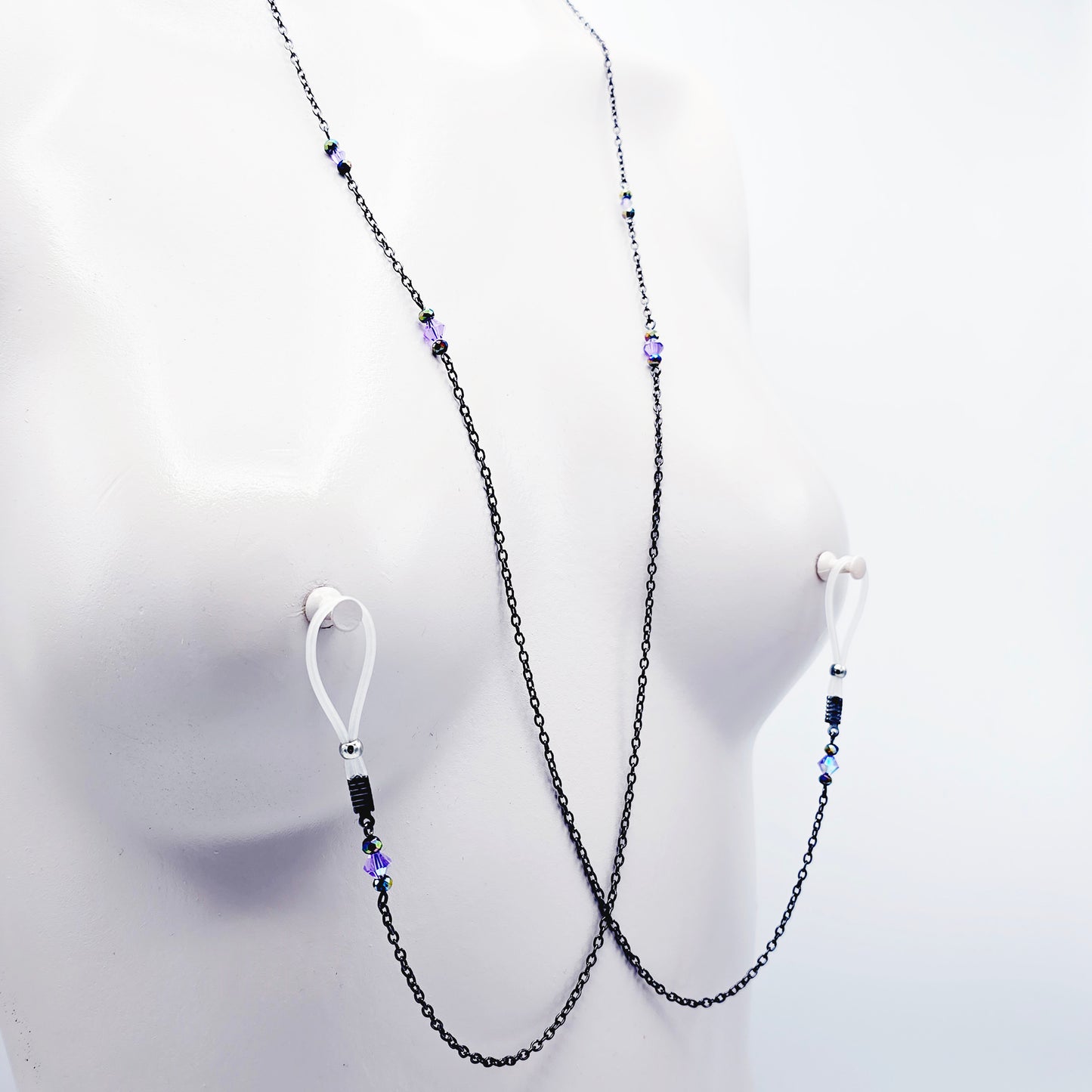 Gunmetal and Purple Backdrop Necklace to Nipple with Flower Dangle and Your Choice of Nipple Attachment.