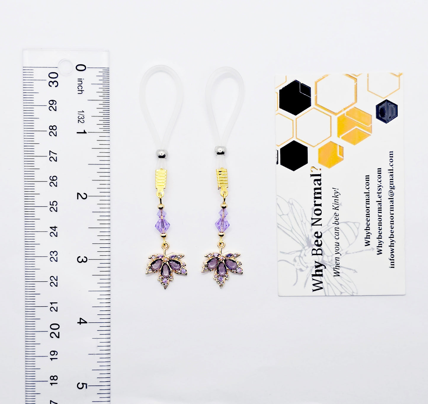 Elegant Non-Piercing Nipple Dangles with Leaves of Gold and Premium Purple Crystals. Choose Nooses or Clamps.