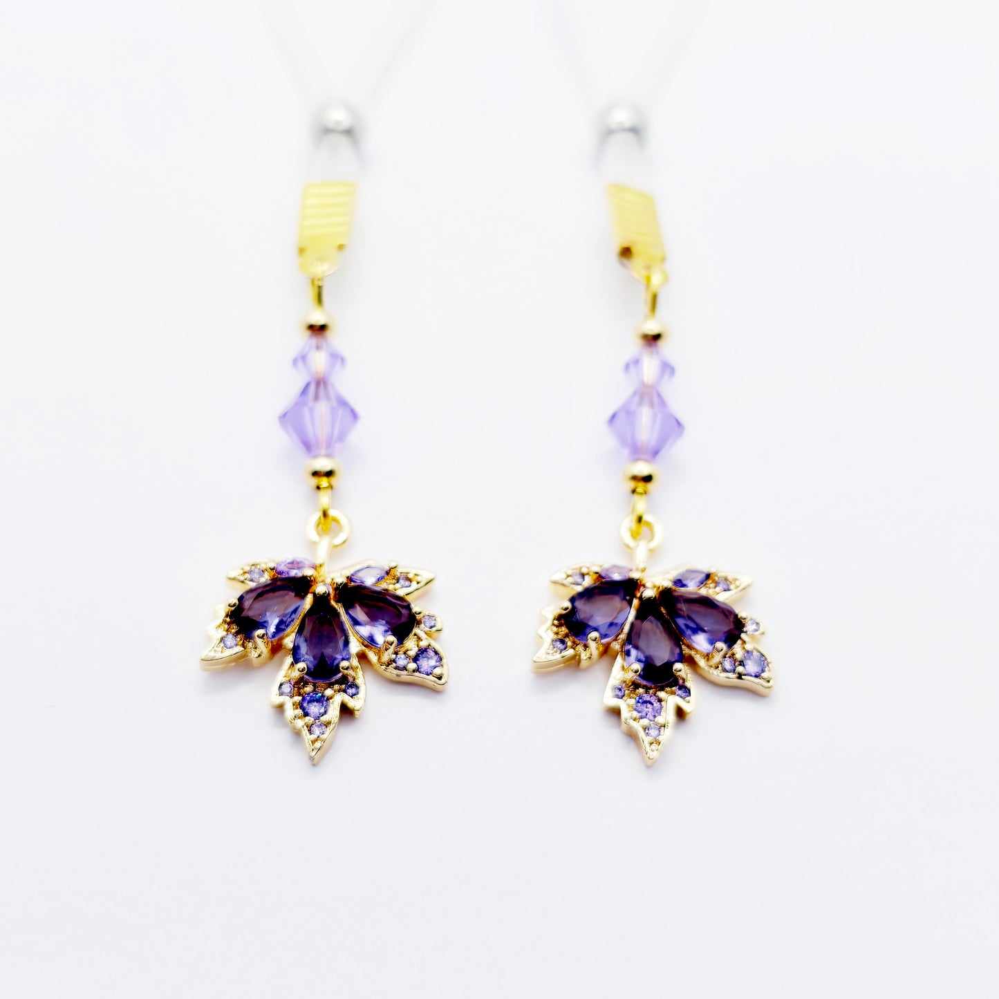 Elegant Non-Piercing Nipple Dangles with Leaves of Gold and Premium Purple Crystals. Choose Nooses or Clamps.