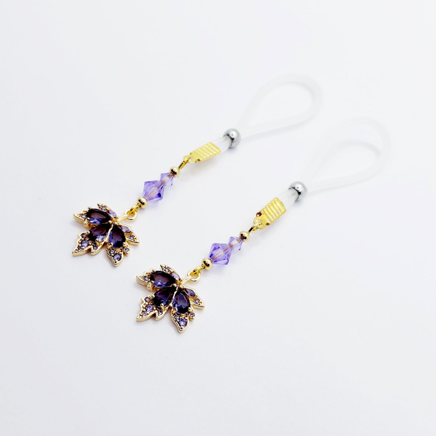 Elegant Non-Piercing Nipple Dangles with Leaves of Gold and Premium Purple Crystals. Choose Nooses or Clamps.