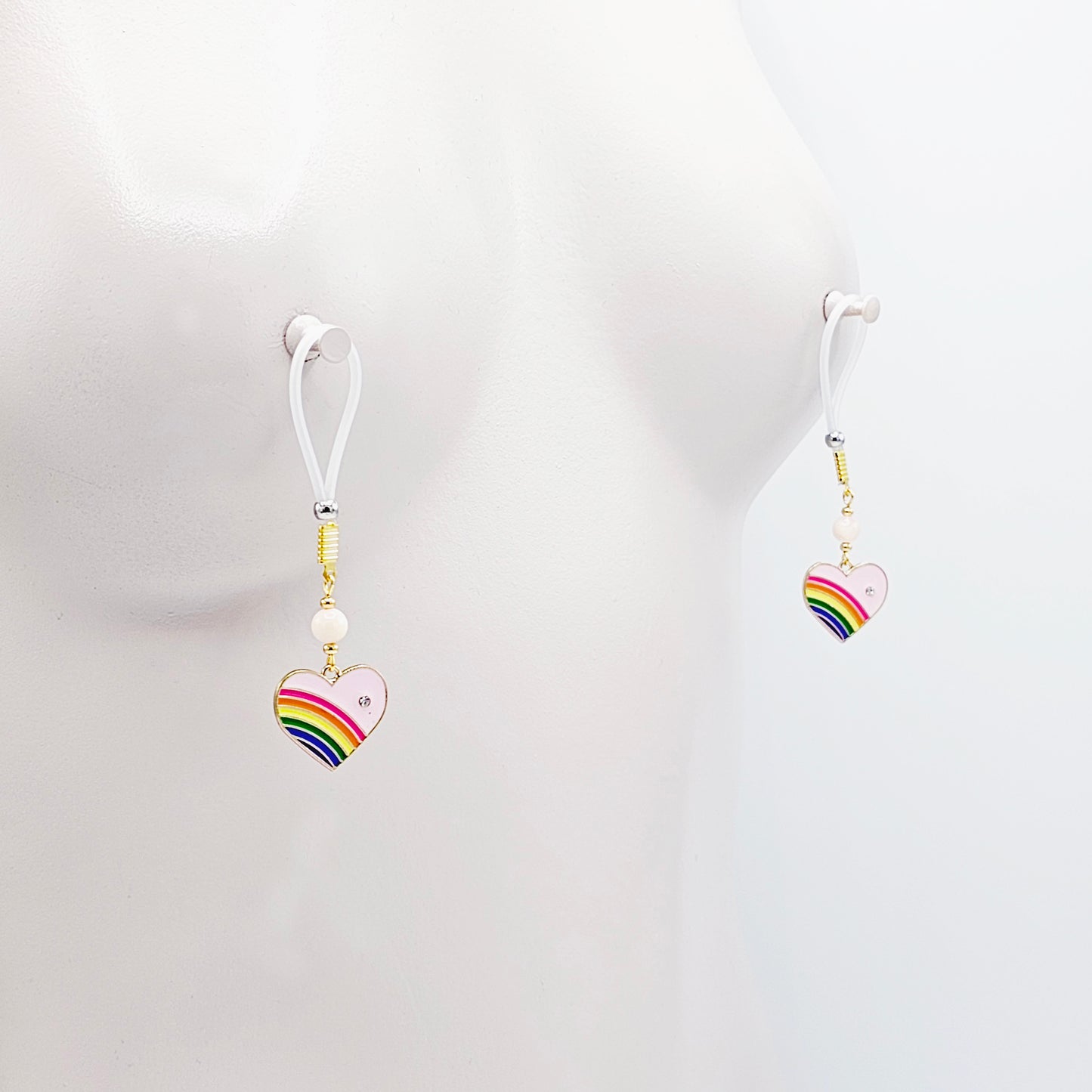 Nipple Noose Dangles or Nipple Clamps with Rose Quartz and Rainbow Hearts.