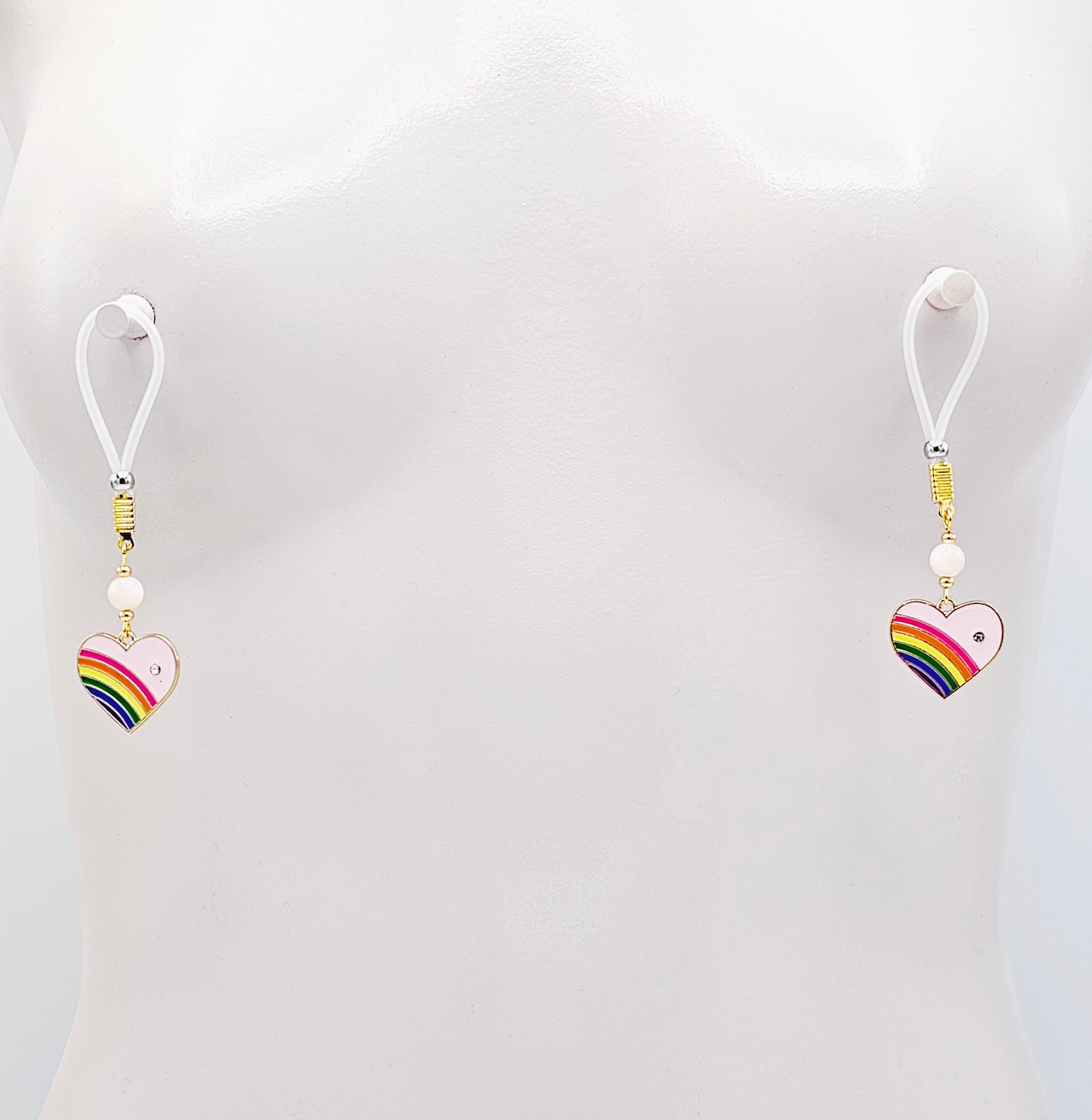 Nipple Noose Dangles or Nipple Clamps with Rose Quartz and Rainbow Hearts.