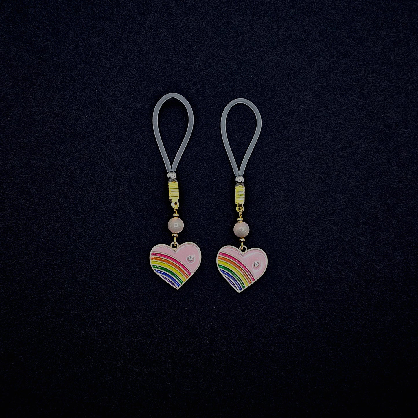 Nipple Noose Dangles or Nipple Clamps with Rose Quartz and Rainbow Hearts.