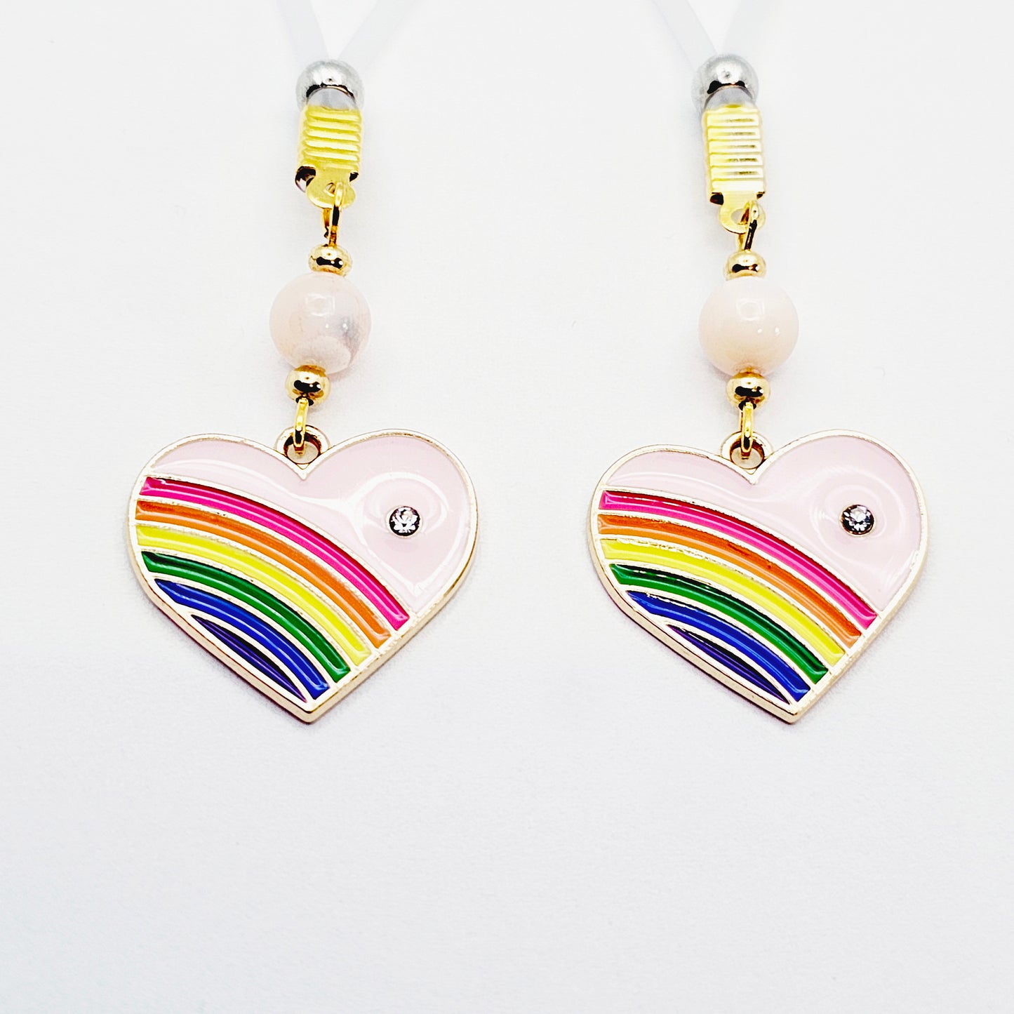 Nipple Noose Dangles or Nipple Clamps with Rose Quartz and Rainbow Hearts.