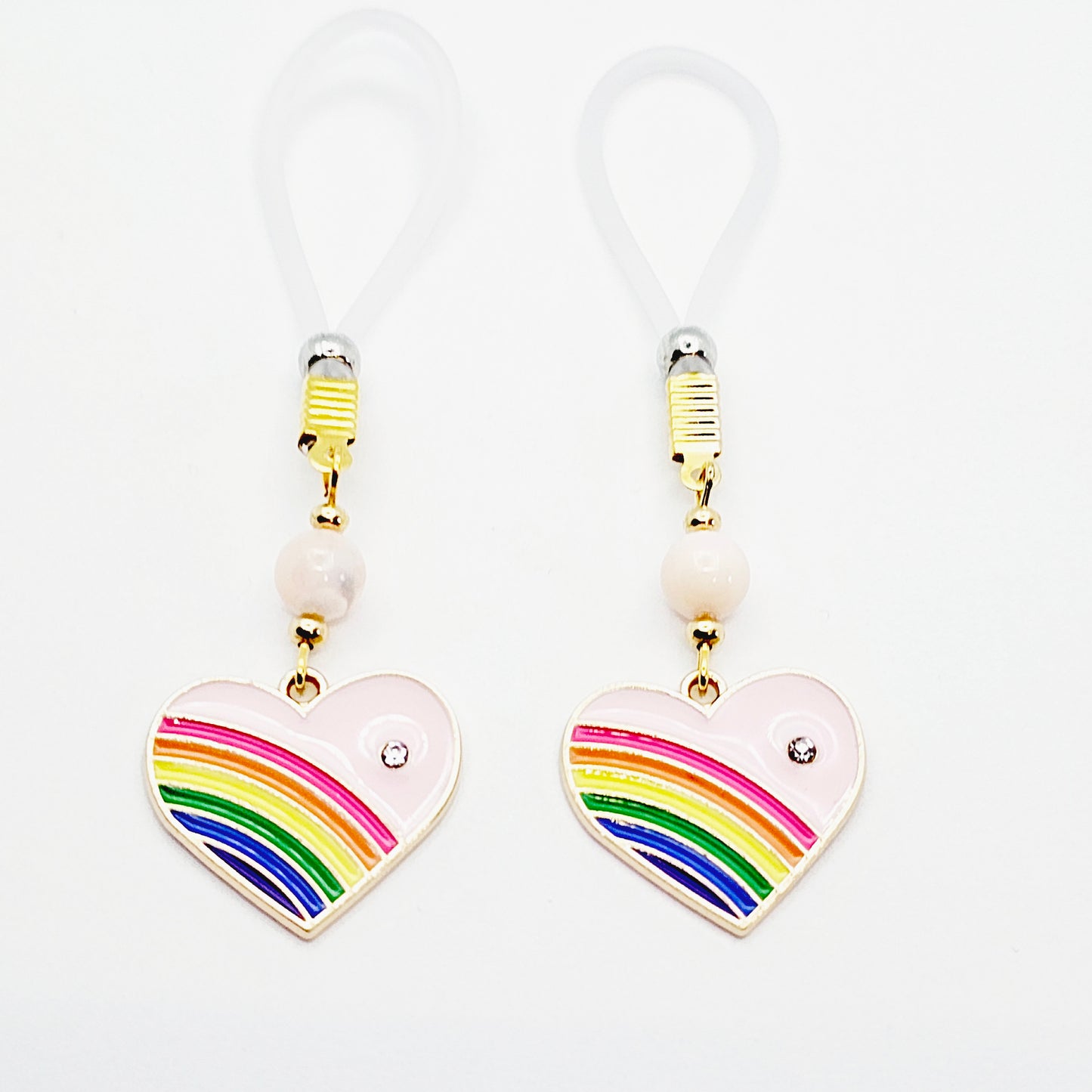 Nipple Noose Dangles or Nipple Clamps with Rose Quartz and Rainbow Hearts.