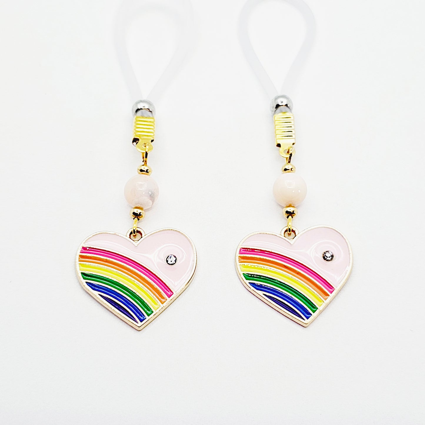 Nipple Noose Dangles or Nipple Clamps with Rose Quartz and Rainbow Hearts.