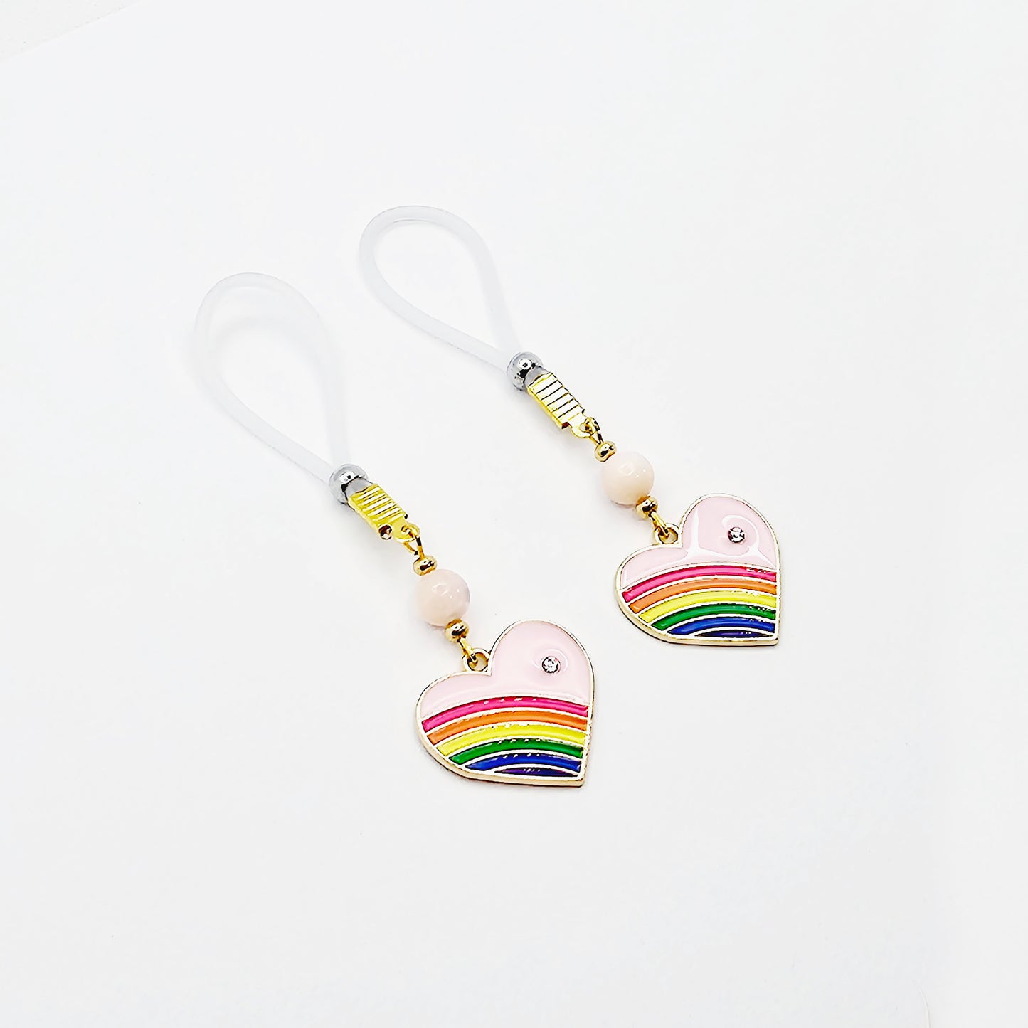 Nipple Noose Dangles or Nipple Clamps with Rose Quartz and Rainbow Hearts.