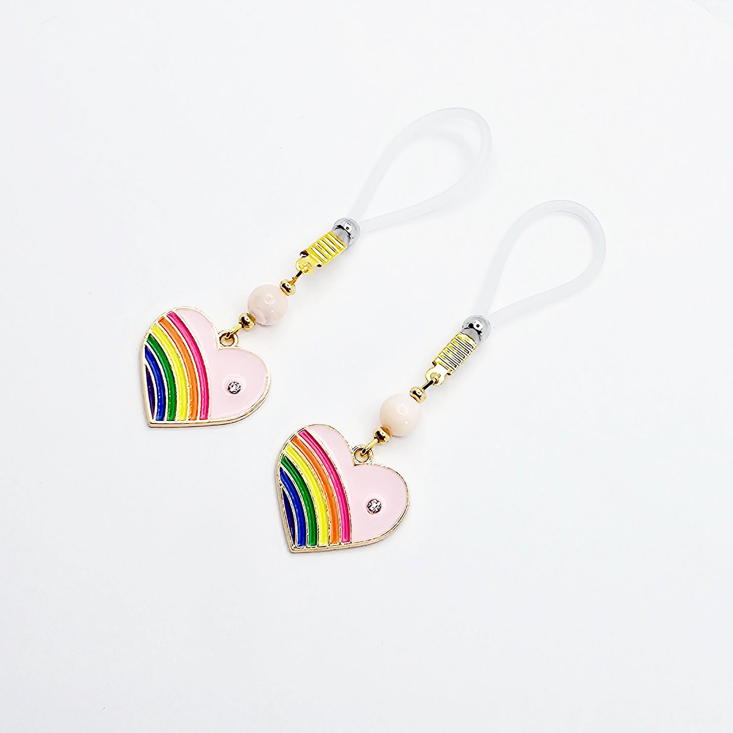 Nipple Noose Dangles or Nipple Clamps with Rose Quartz and Rainbow Hearts.