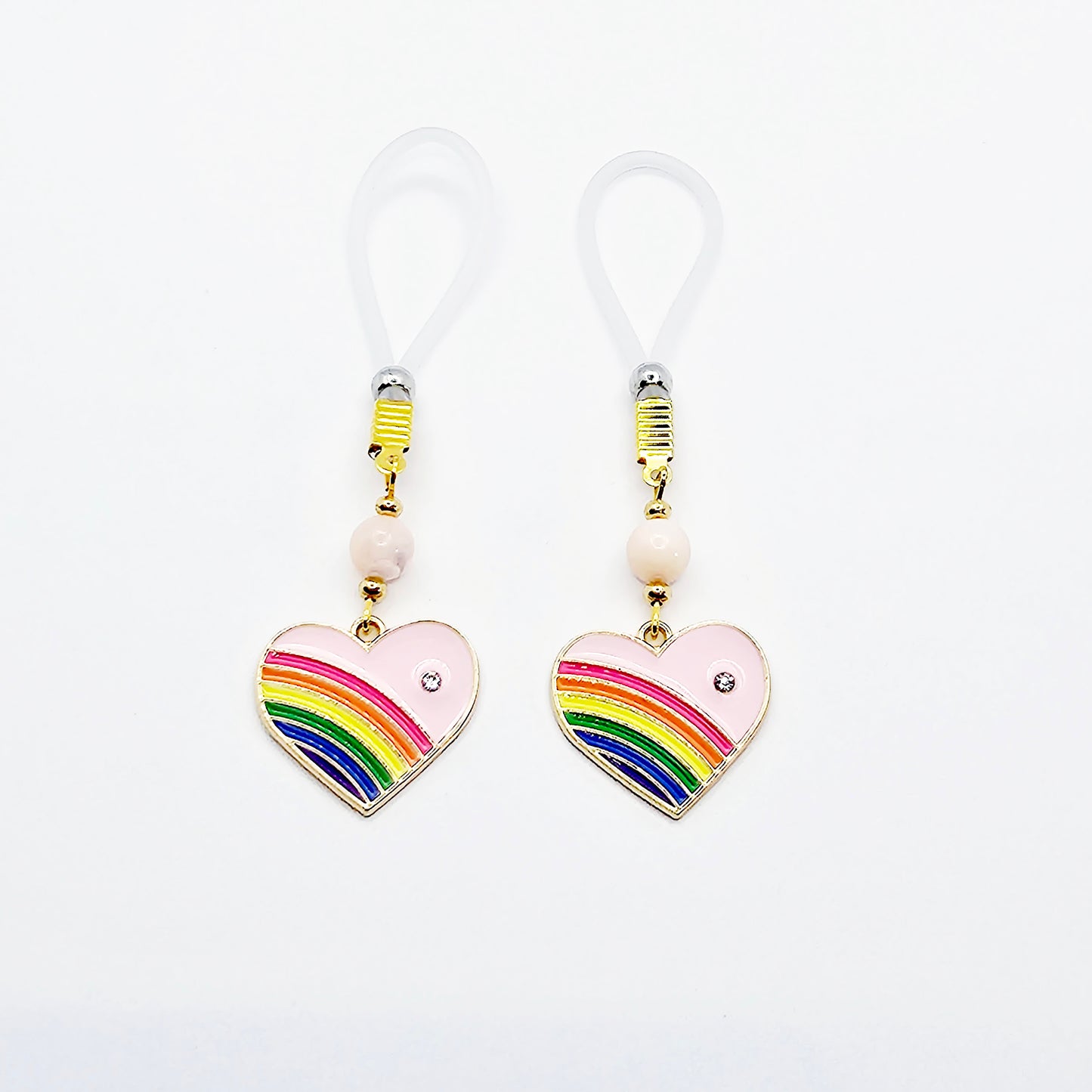 Nipple Noose Dangles or Nipple Clamps with Rose Quartz and Rainbow Hearts.