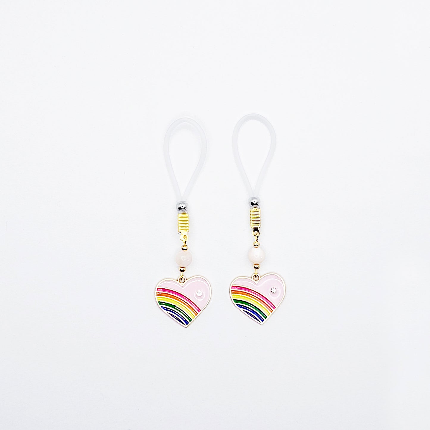 Nipple Noose Dangles or Nipple Clamps with Rose Quartz and Rainbow Hearts.