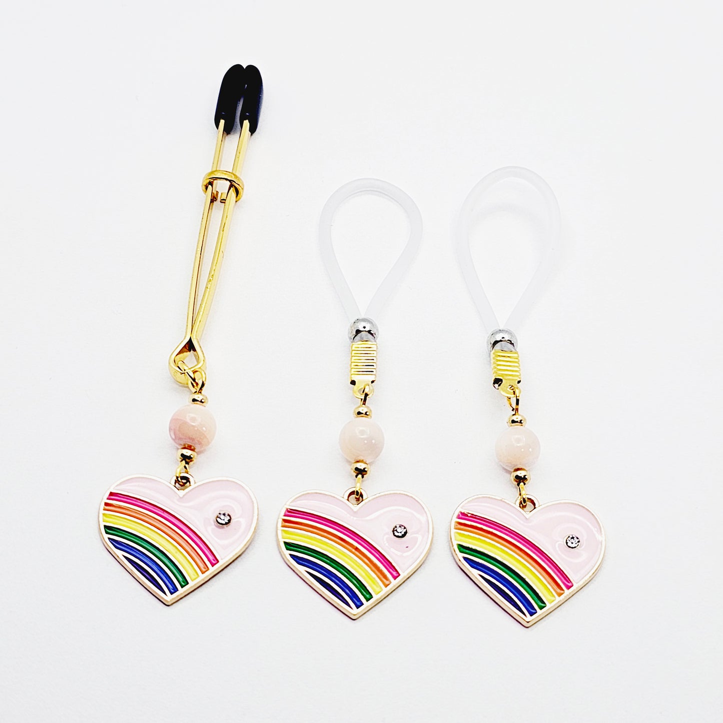 Clit Clamp and Nipple Noose Dangles or Nipple Clamps with Rose Quartz and Rainbow Hearts. Non-Piercing Nipple.