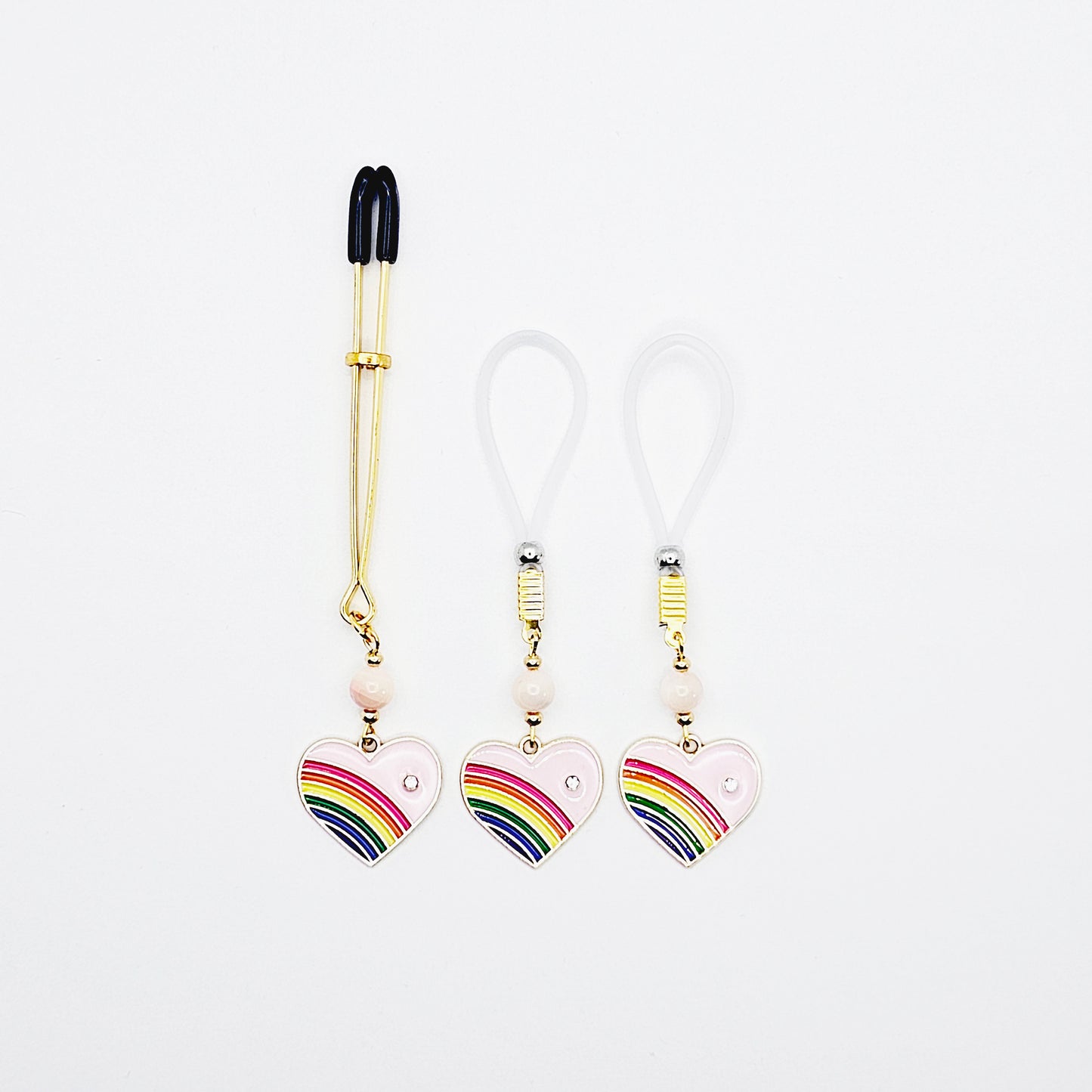 Clit Clamp and Nipple Noose Dangles or Nipple Clamps with Rose Quartz and Rainbow Hearts. Non-Piercing Nipple.