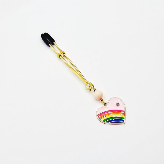 Clitoral Clamp with Rainbow Heart and Rose Quartz. Gold Tweezer Clit Clamp.