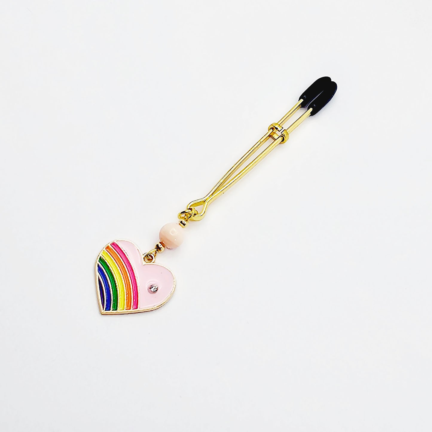 Clitoral Clamp with Rainbow Heart and Rose Quartz. Gold Tweezer Clit Clamp.