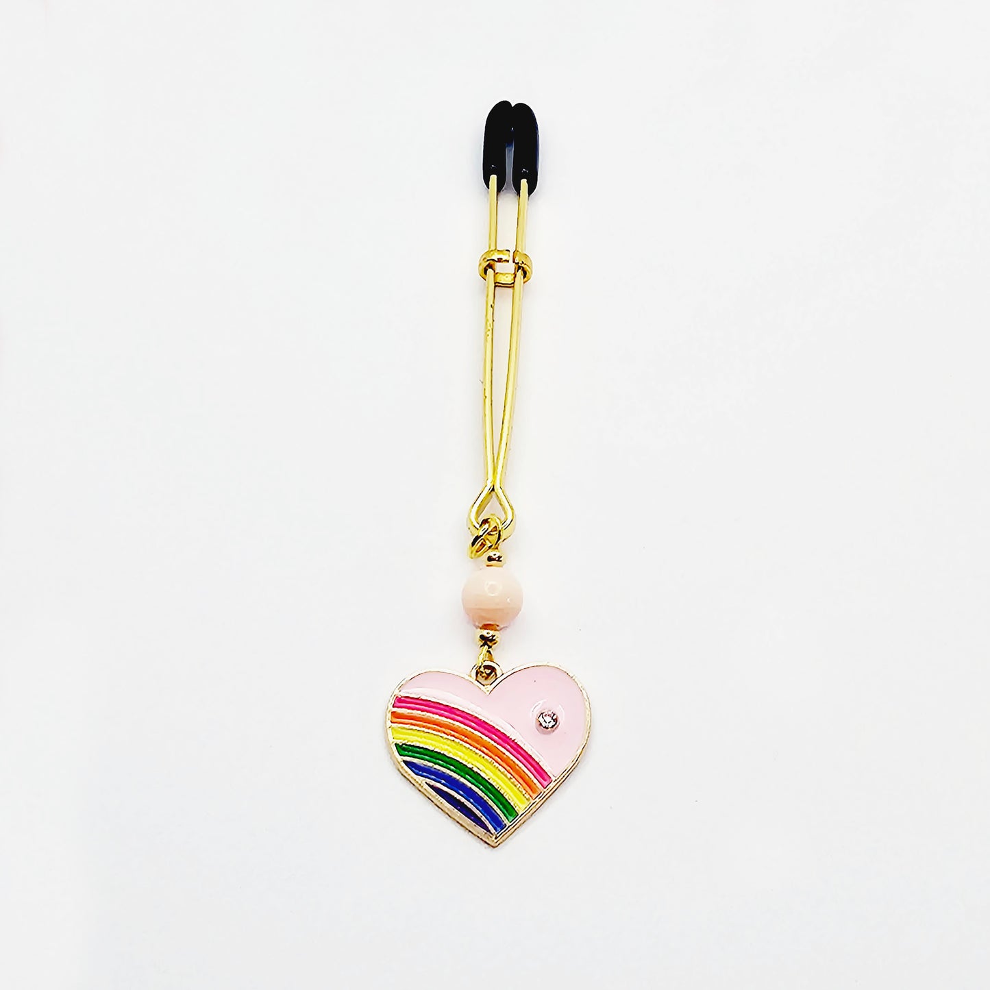 Clitoral Clamp with Rainbow Heart and Rose Quartz. Gold Tweezer Clit Clamp.