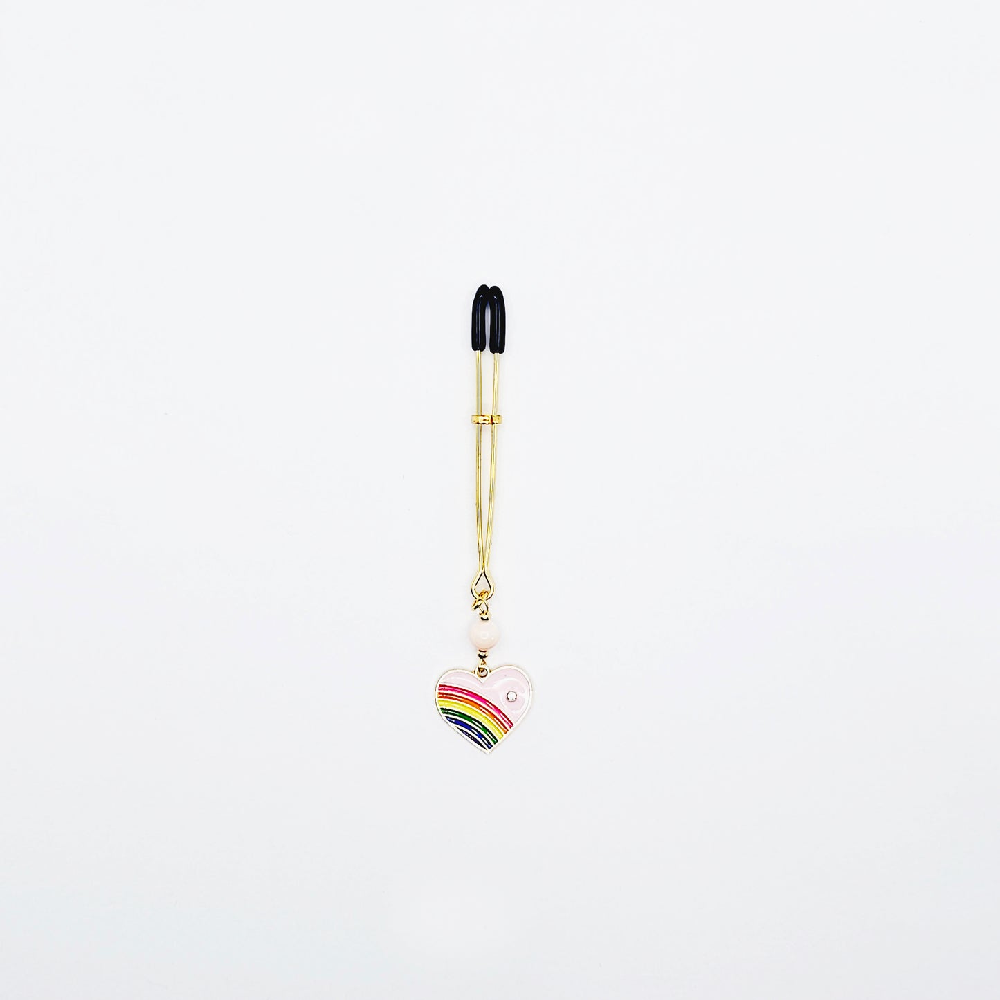 Clitoral Clamp with Rainbow Heart and Rose Quartz. Gold Tweezer Clit Clamp.