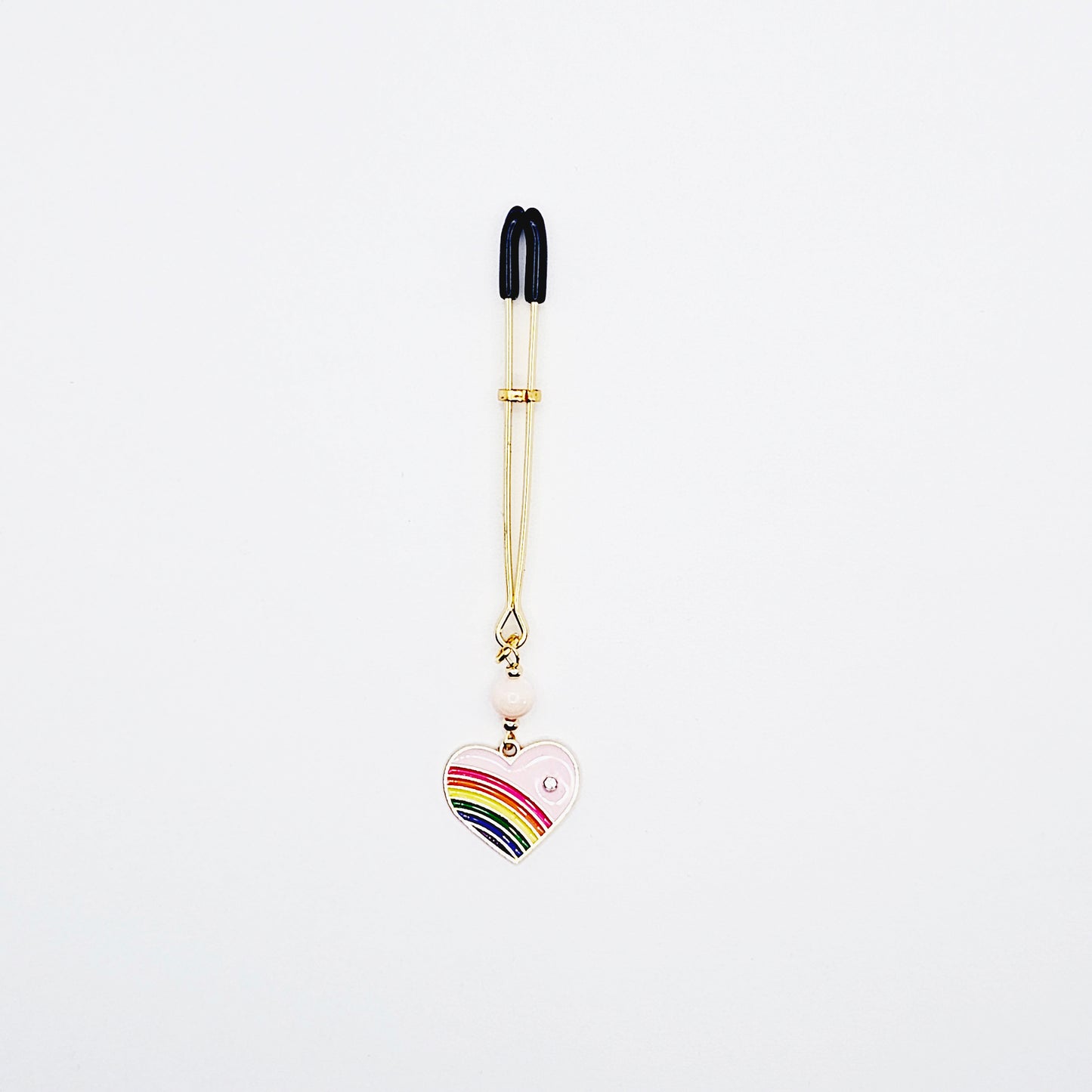 Clitoral Clamp with Rainbow Heart and Rose Quartz. Gold Tweezer Clit Clamp.