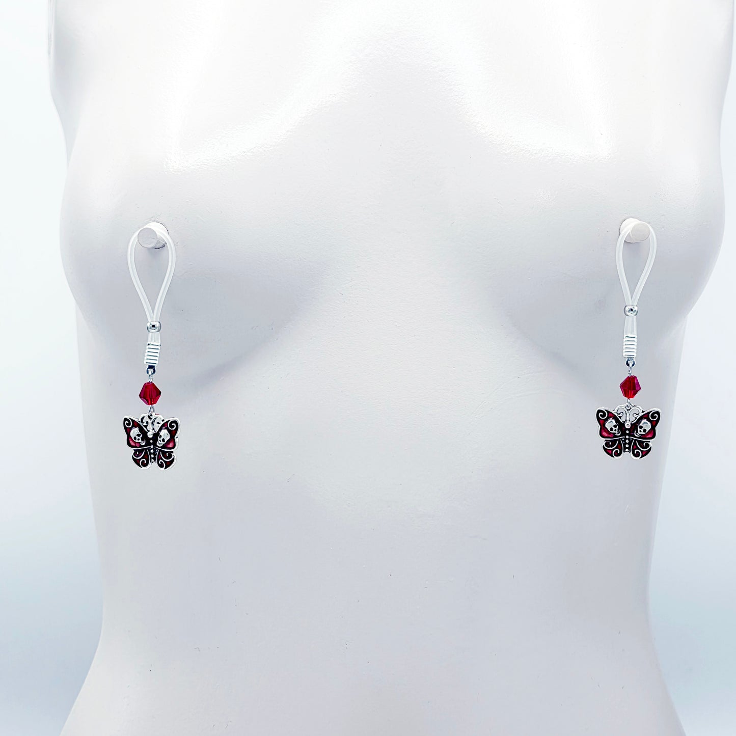 Non-Piercing Nipple Nooses or Clamps with Red Gothic Skull Butterflies and Crystals.