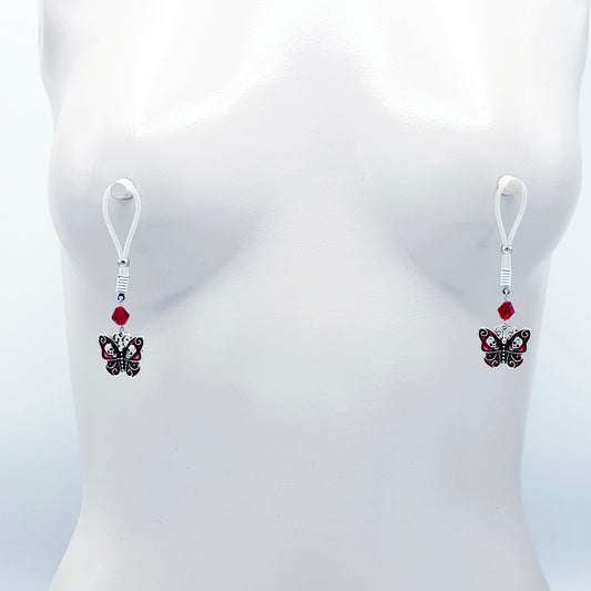 Non-Piercing Nipple Nooses or Clamps with Red Gothic Skull Butterflies and Crystals.