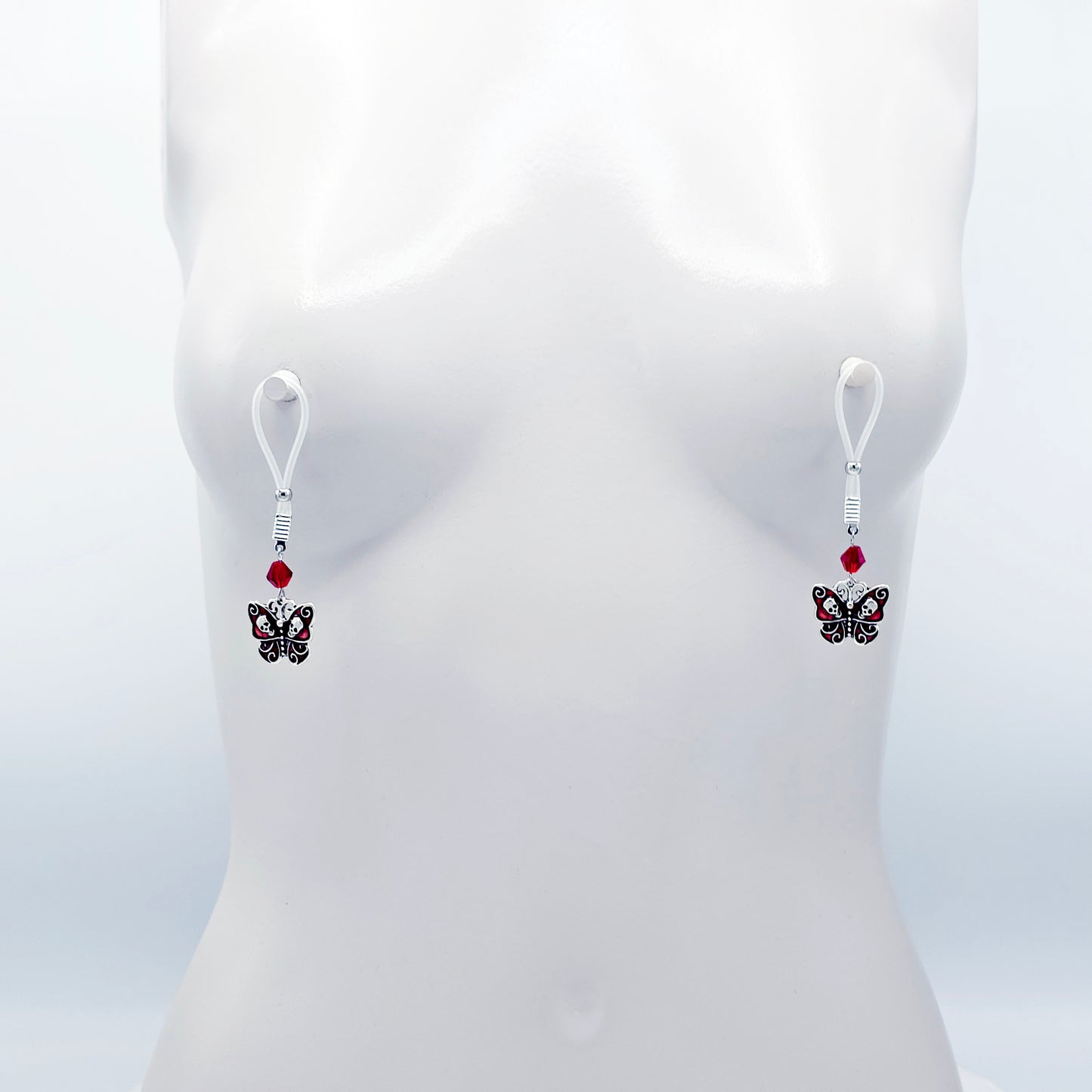 Non-Piercing Nipple Nooses or Clamps with Red Gothic Skull Butterflies and Crystals.
