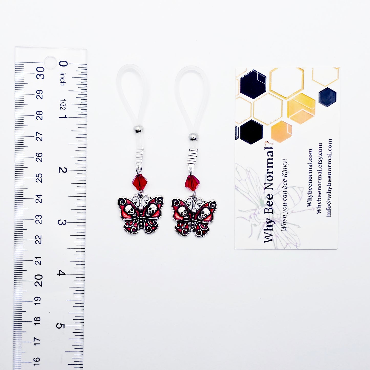 Non-Piercing Nipple Nooses or Clamps with Red Gothic Skull Butterflies and Crystals.