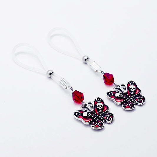 Non-Piercing Nipple Nooses or Clamps with Red Gothic Skull Butterflies and Crystals.